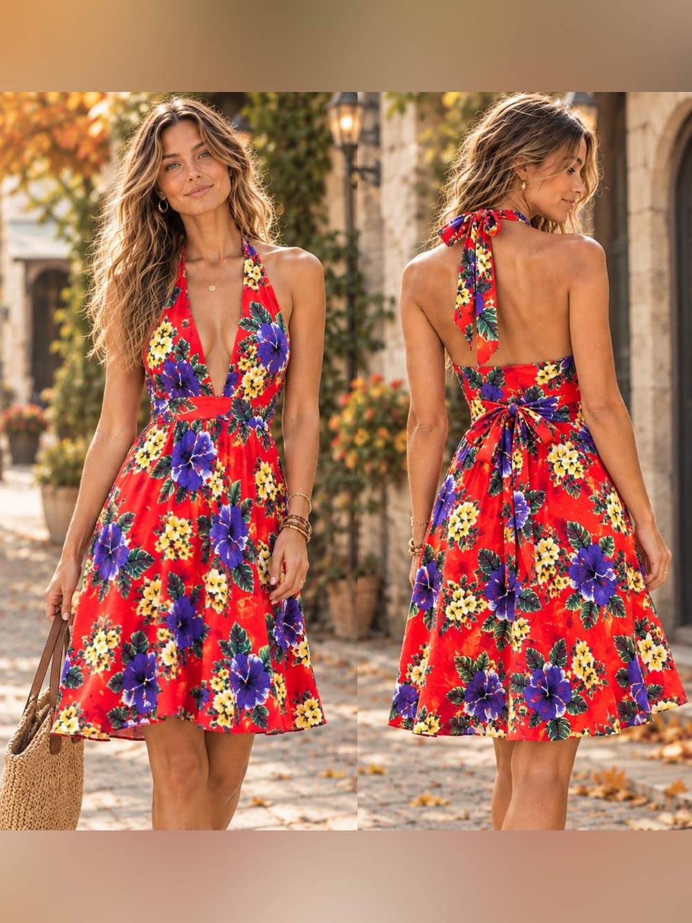 Free People Red Floral Halter Dress with Purple & Yellow Blooms